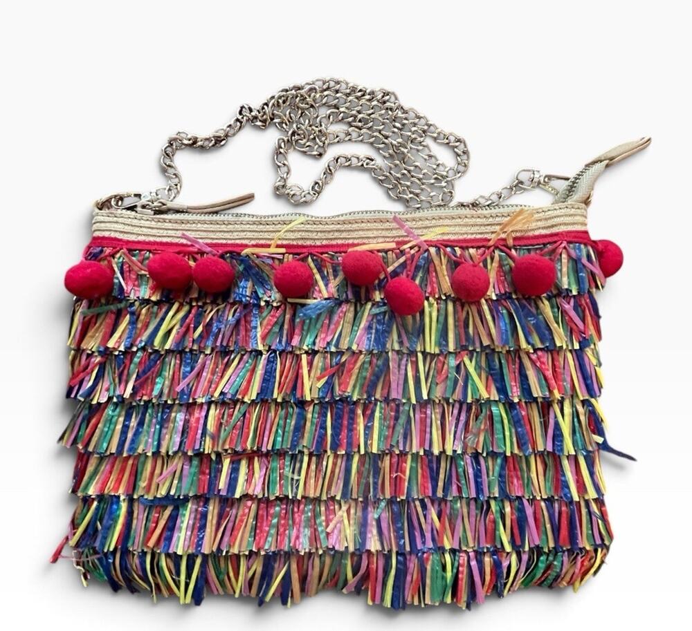 Betsey Johnson "Tiki Time" Fiesta Fringe Raffia Clutch Crossbody Bag Whimsical